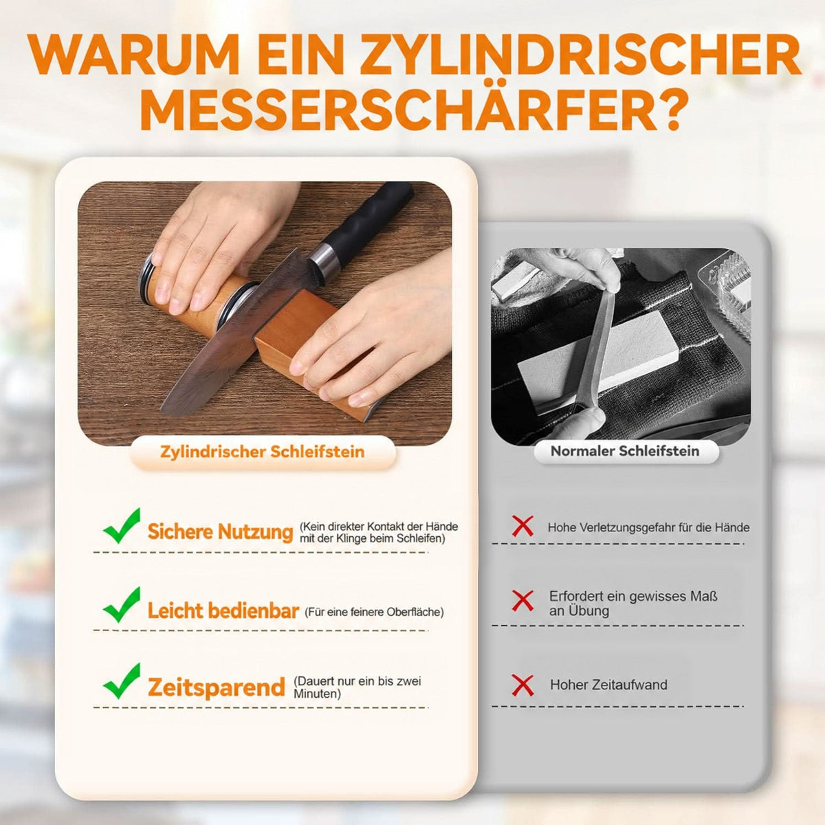 Vergleichsgrafik zwischen zylindrischem Schärfer und herkömmlichem Schleifstein mit Vor- und Nachteilen sowie Anwendungsfotos. 8