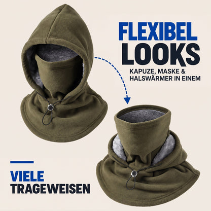 Olivgrüne Fleece-Kapuze, einmal als Kapuze mit Gesichtsschutz und einmal als Nackenwärmer getragen, mit Grafik zu den 3