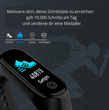 Nahaufnahme des Displays mit Schuh-Symbol und Schrittzahl, daneben Symbole für Schritte, Kalorien, Distanz und Herzfrequenz 4