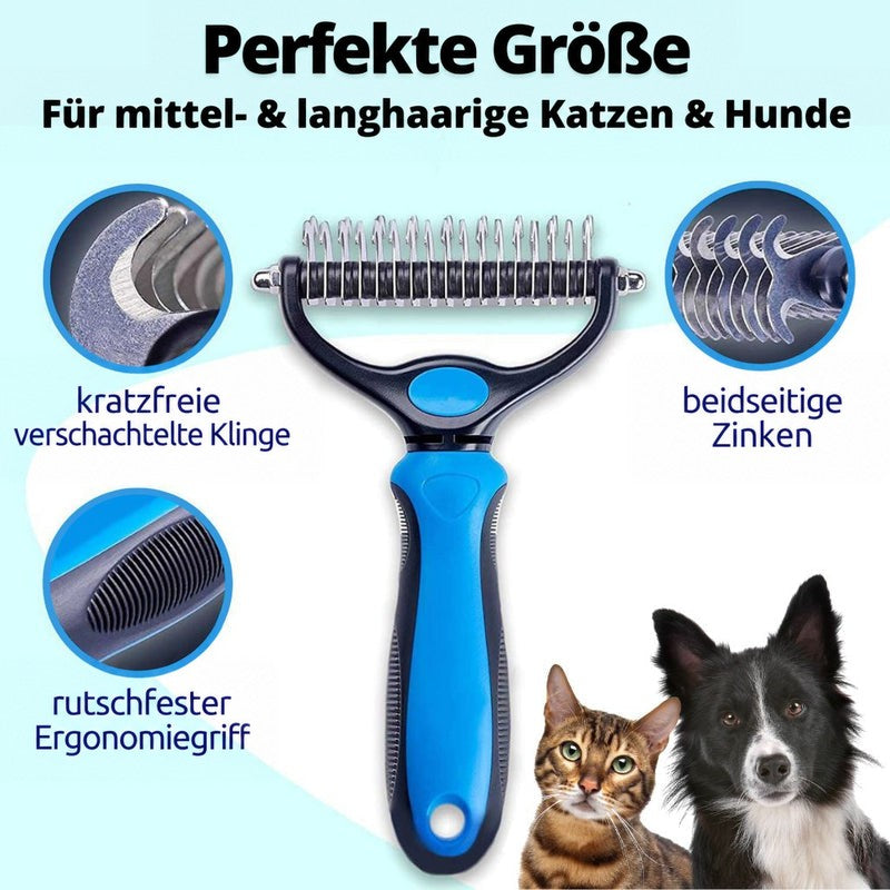 Blauer Pflege-Rechen mit Edelstahlzinken und rutschfestem Griff, daneben Detailausschnitte der Zinken und des Griffs sowie Katze und Border Collie. 1
