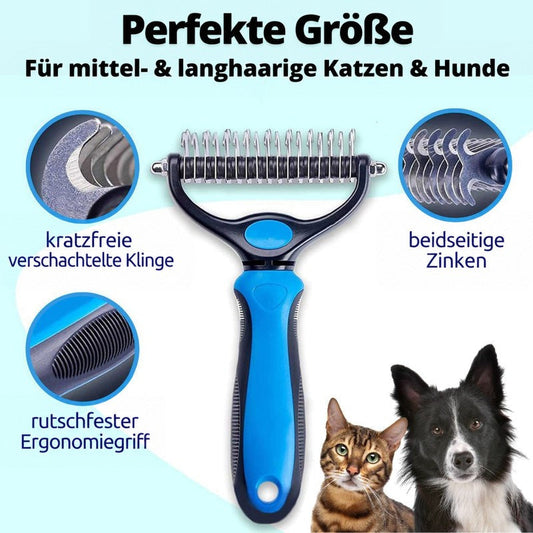 Blauer Pflege-Rechen mit Edelstahlzinken und rutschfestem Griff, daneben Detailausschnitte der Zinken und des Griffs sowie Katze und Border Collie. 1