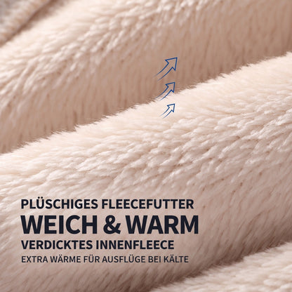 Nahaufnahme des cremefarbenen, flauschigen Plüschfutters mit Pfeilsymbolen für zusätzliche Wärme 4