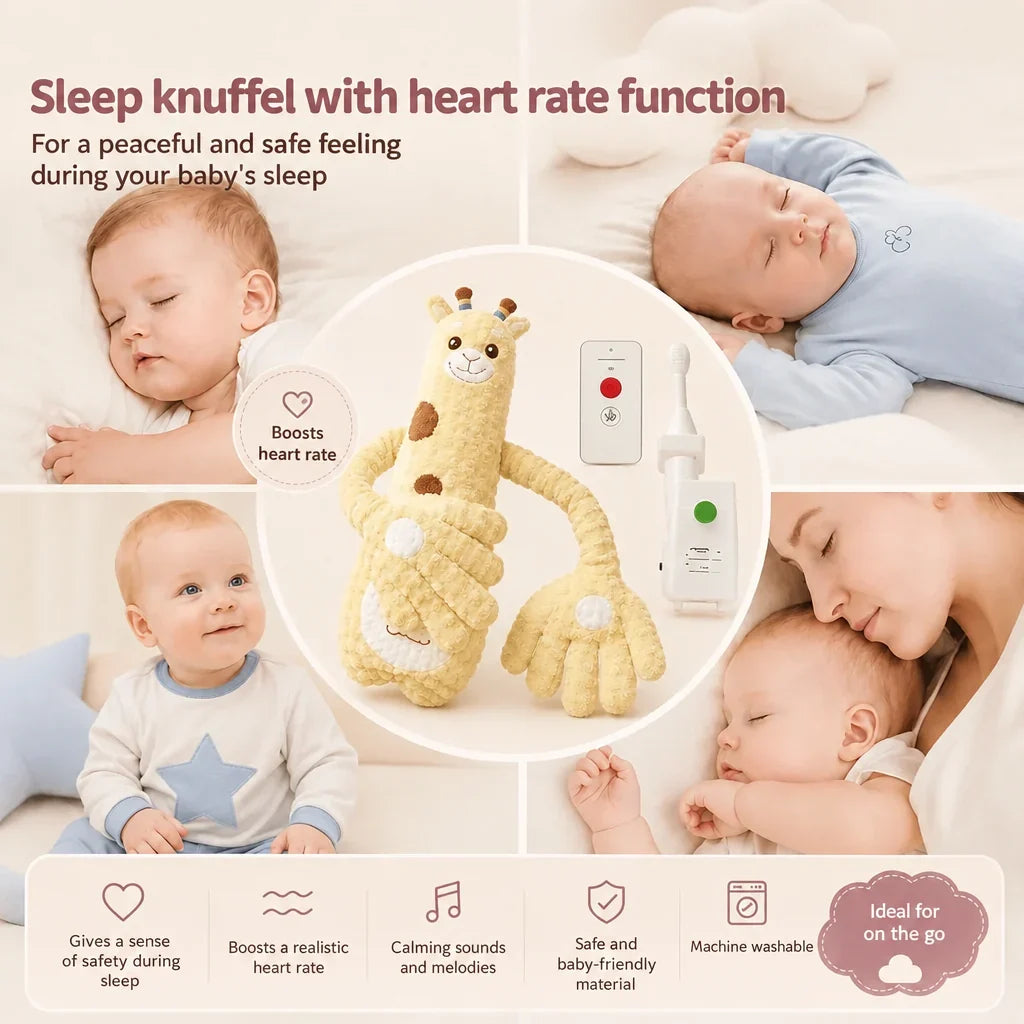 DreamBuddy gelbes Giraffen-Kuscheltier mit Fernbedienung und mehreren Babys in einer Collage