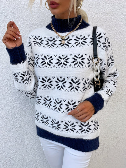 Damenpullover Norweger-Muster, weiß-blau, Strick, Wintermode, Rollkragen, elegant, warm.