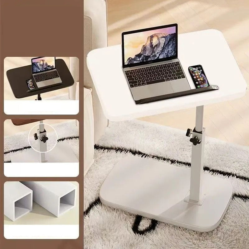 Höhenverstellbarer rollender Laptopschreibtisch in komplett weißer Variante mit heller Tischplatte, Detailansicht