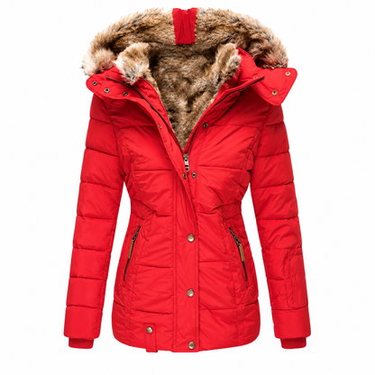 Roter taillierter Steppparka mit Kunstfellkapuze, Knopfleiste und seitlichen Reißverschlusstaschen, Vorderansicht 8