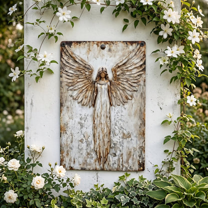 Engel-Wandschild an weißer Gartenwand, umrankt von blühender Clematis und cremeweißen Rosen 2