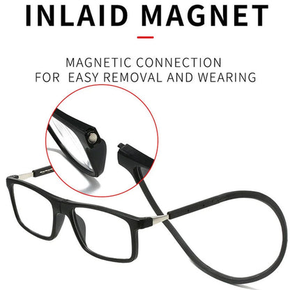 Schwarze Lesebrille mit Nackenband und sichtbarem Magneten zum einfachen An- und Ablegen.