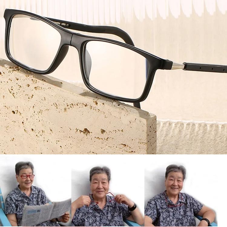Schwarze Lesebrille mit Nackenband, daneben eine ältere Frau beim Lesen einer Zeitung.