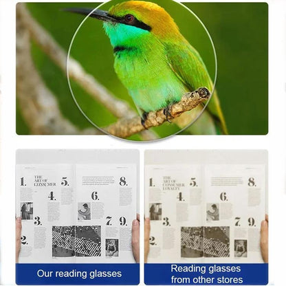 Vergleich der Bildschärfe: Ein Vogel auf einem Ast und eine Zeitungsseite wirken durch die beworbene Linse klarer als durch eine andere. 8