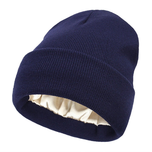 Marineblaue Strickmütze mit Umschlag, innen mit hellem glänzendem Satinfutter ausgestattet 11