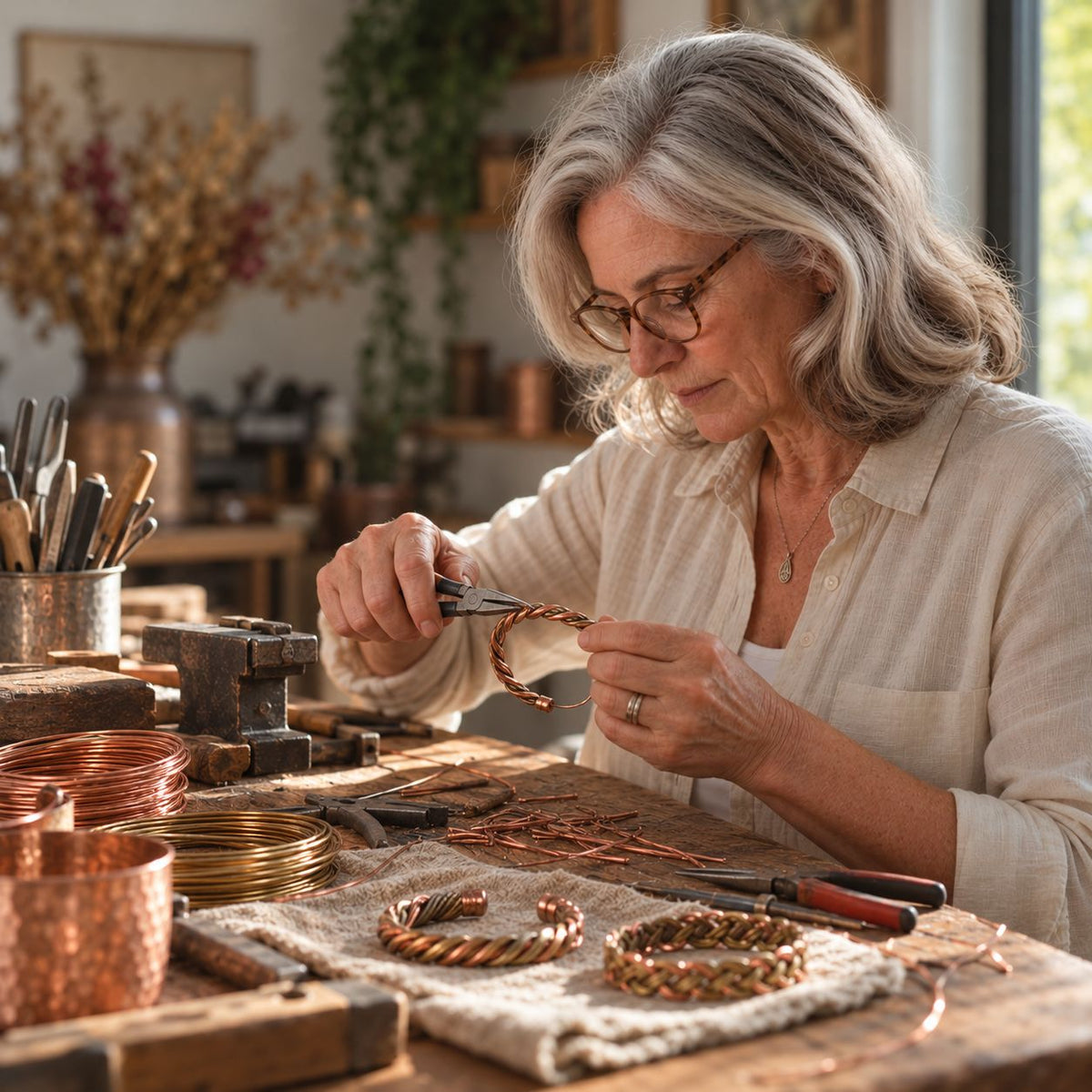 Handwerkerin mit Brille biegt mit einer Zange ein gedrehtes Kupferarmband, davor liegen fertige Armbänder und Draht 5