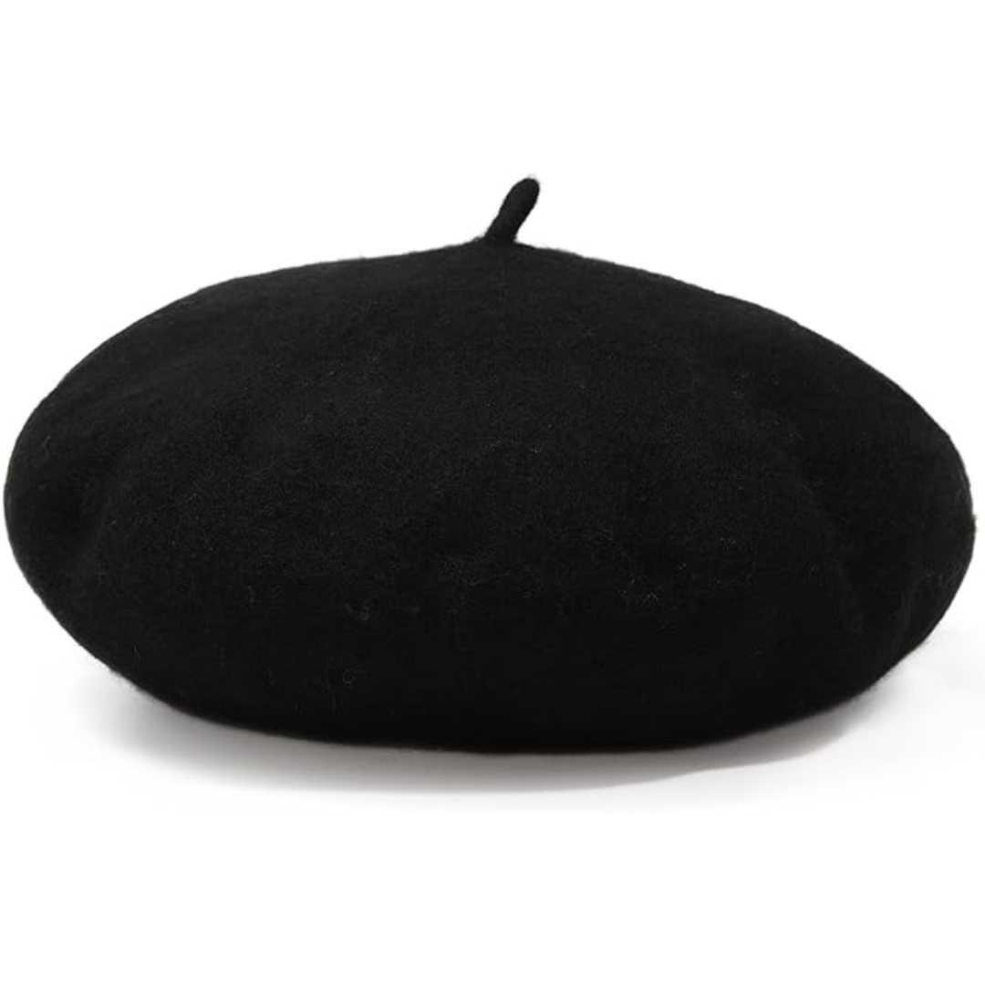 Schwarzes Wollberet mit kleinem Stiel, freigestellt vor hellem Hintergrund 4
