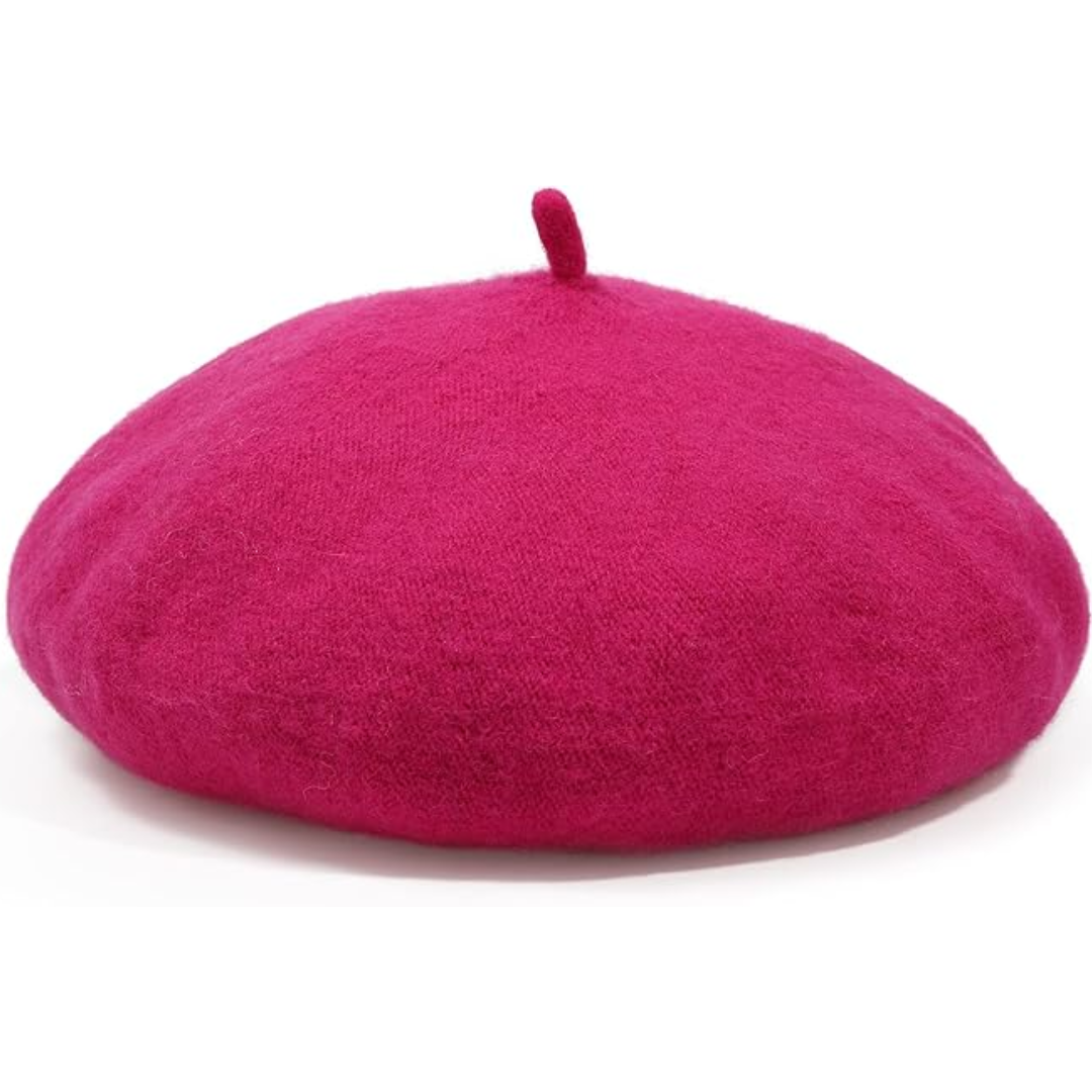 Pinkfarbenes Wollberet mit kleinem Stiel, einzeln auf weißem Hintergrund abgebildet 6