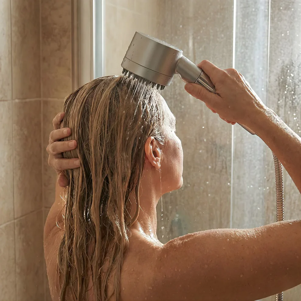 Frau mit nassen langen Haaren wäscht sich unter dem Duschkopf in einer gefliesten Dusche mit Glaswand. 2
