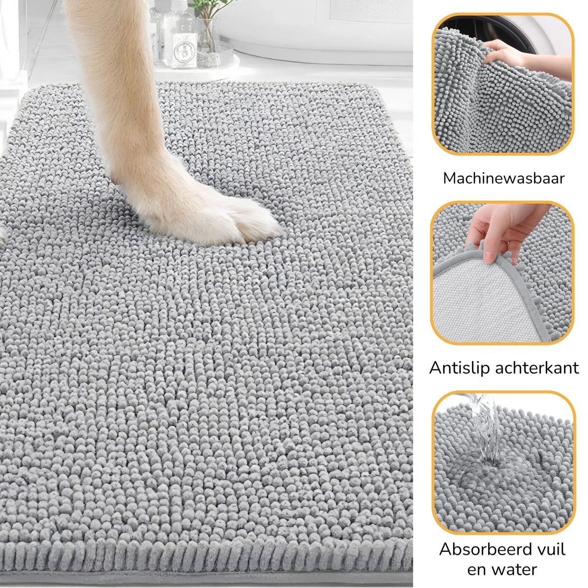 Graue Hundetürmatte aus Polyester mit Hundepfote und Detailbildern zu Waschbarkeit, Rückseite und Wasseraufnahme.