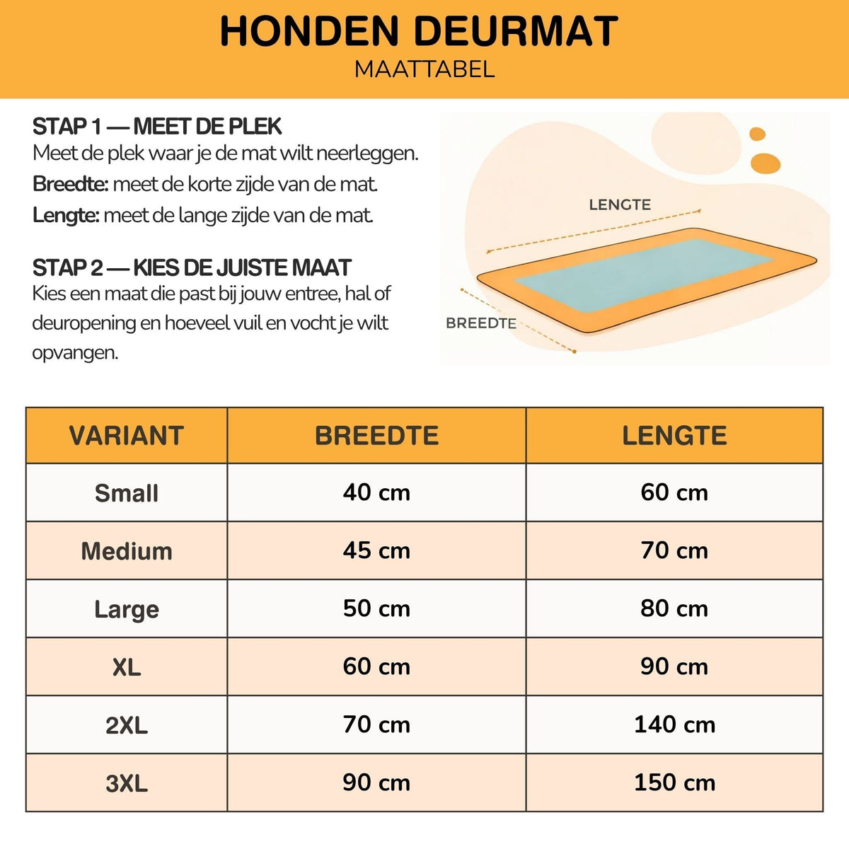 Maßtabelle für die Hundetürmatte mit Größen Small bis 3XL und Messanleitung.