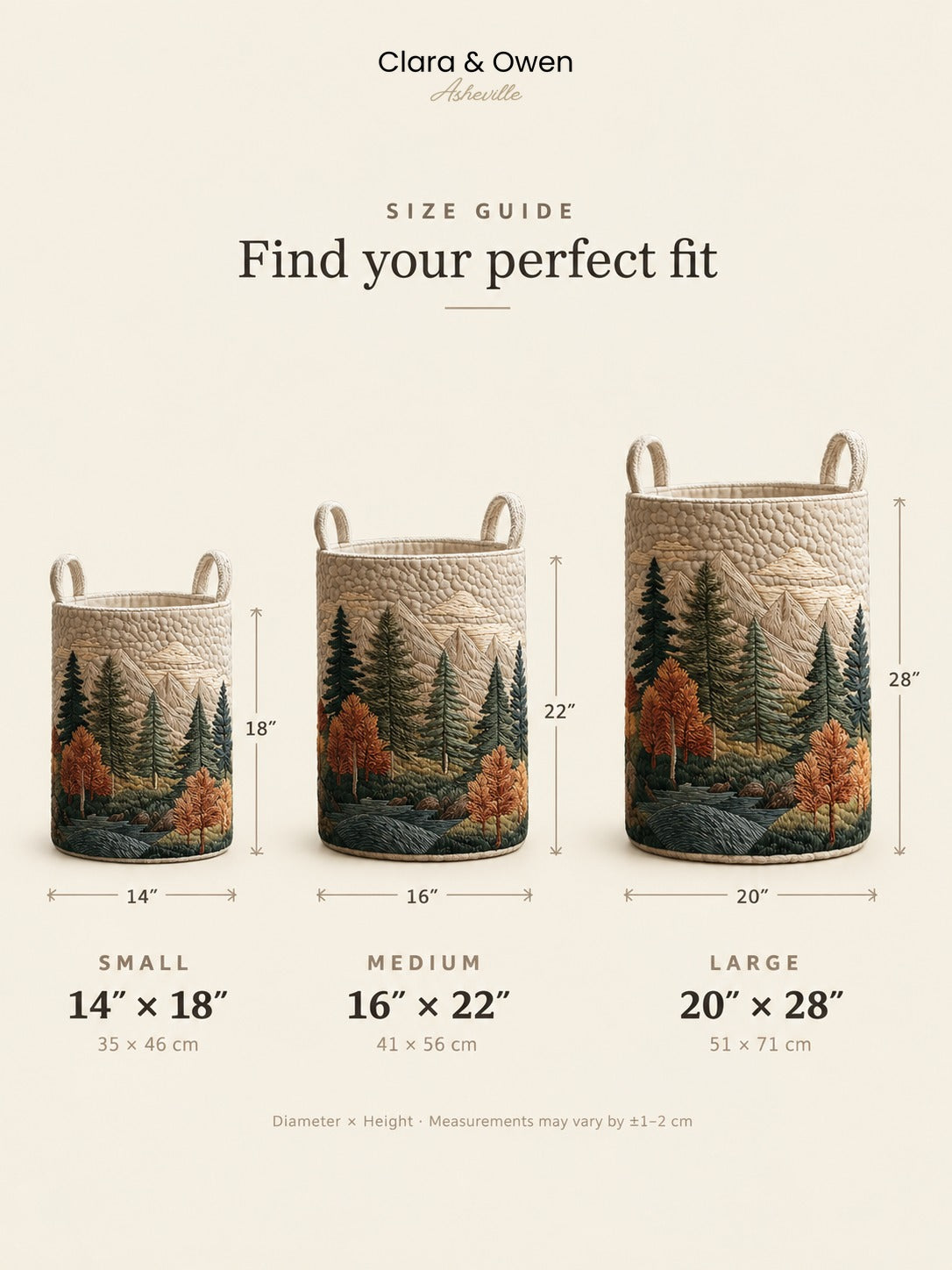 Größenübersicht mit drei Körben mit Waldmotiv in Small, Medium und Large mit Maßen in Zoll und Zentimetern. 14