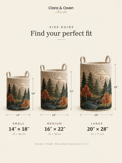 Größenübersicht mit drei Körben mit Waldmotiv in Small, Medium und Large mit Maßen in Zoll und Zentimetern. 14