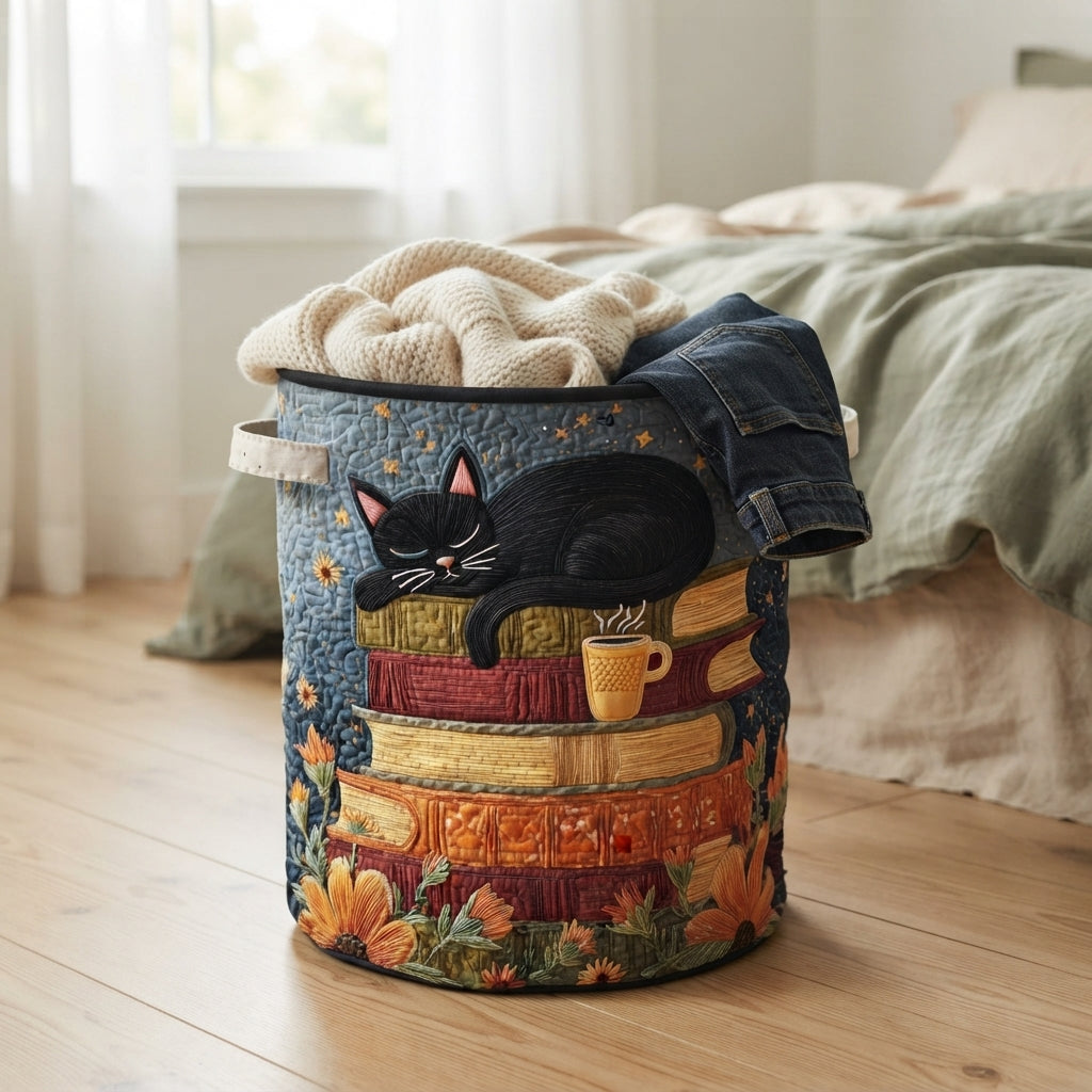 Gesteppter Katzen Wäschesammler neben einem Bett, mit Decke und Jeans gefüllt.