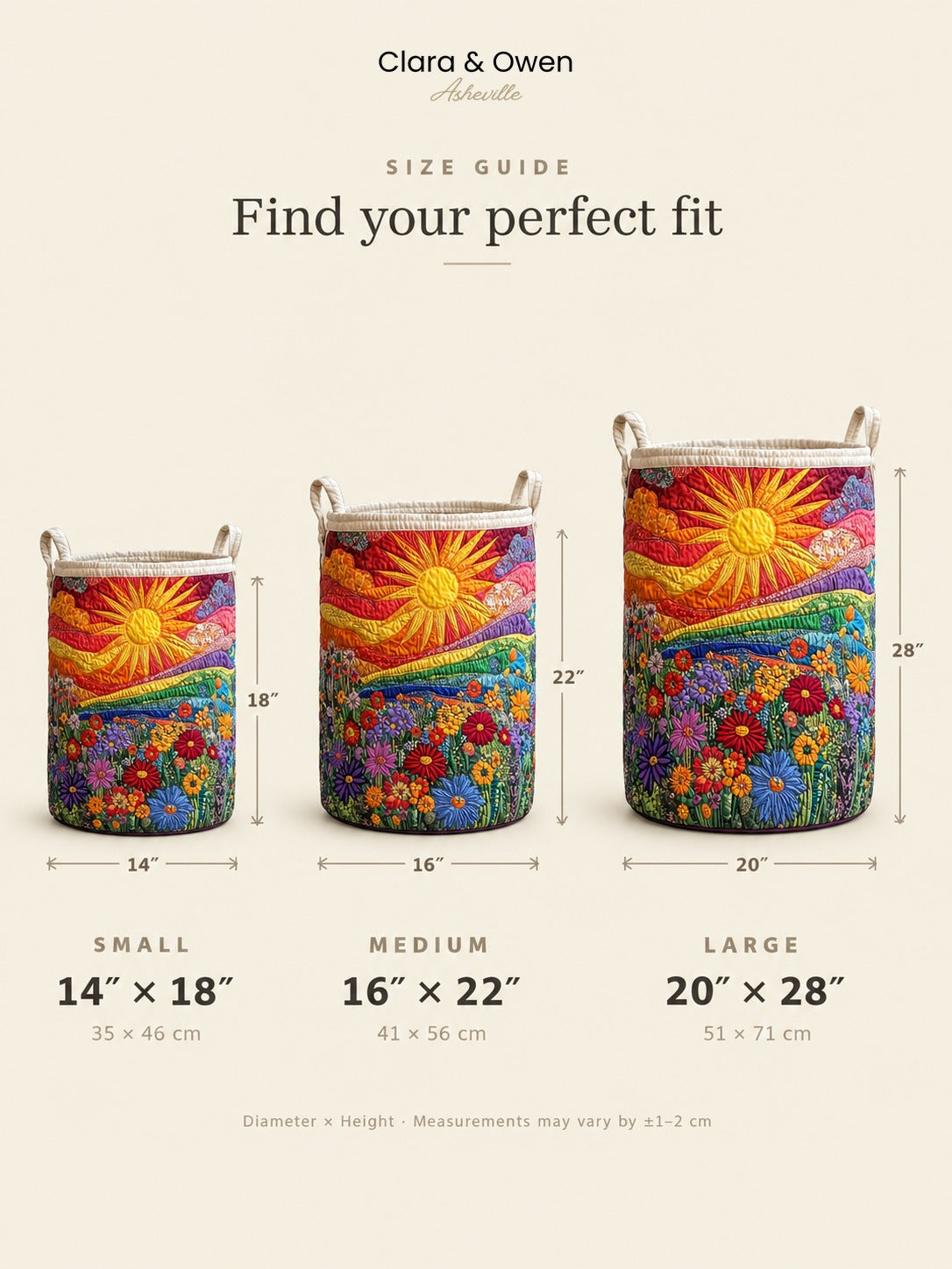 Größenübersicht des Stoff-Wäschekorbs mit drei Körben und Maßen für Durchmesser und Höhe