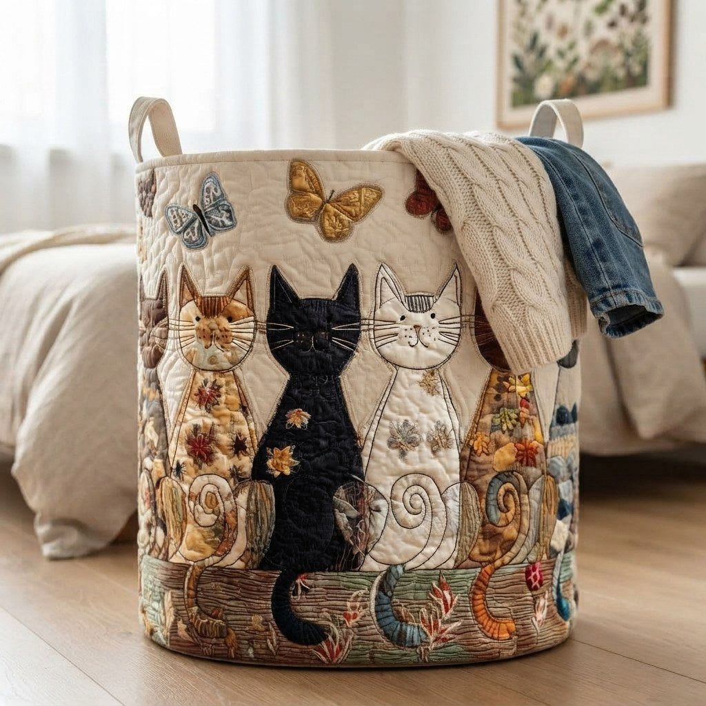 Katzenkorb im Schlafzimmer neben dem Bett, über dessen Rand ein Strickpullover und eine Jeansjacke hängen. 4