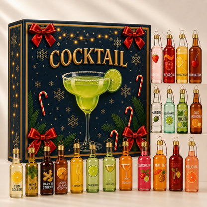 Dunkelblaue Geschenkbox mit Margarita-Motiv, daneben aufgereiht alle bunten Mini-Flaschen-Ornamente mit goldenen Kappen und 1