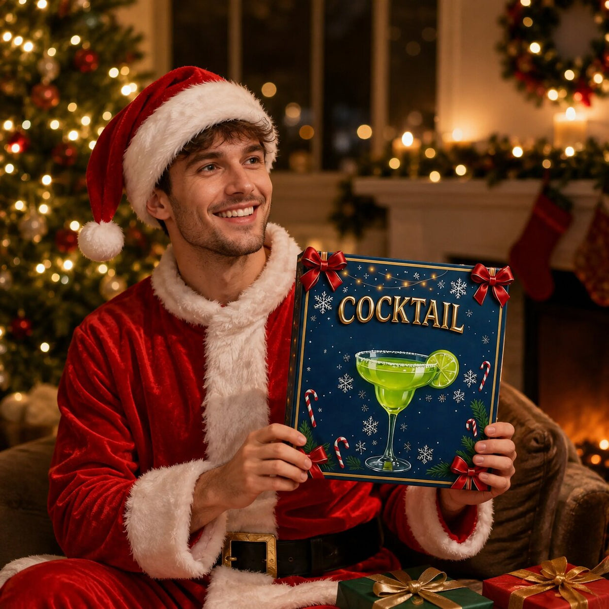 Mann im Weihnachtsmann-Kostüm hält lächelnd die Box mit Cocktailglas-Motiv vor Kamin und Weihnachtsbaum 3