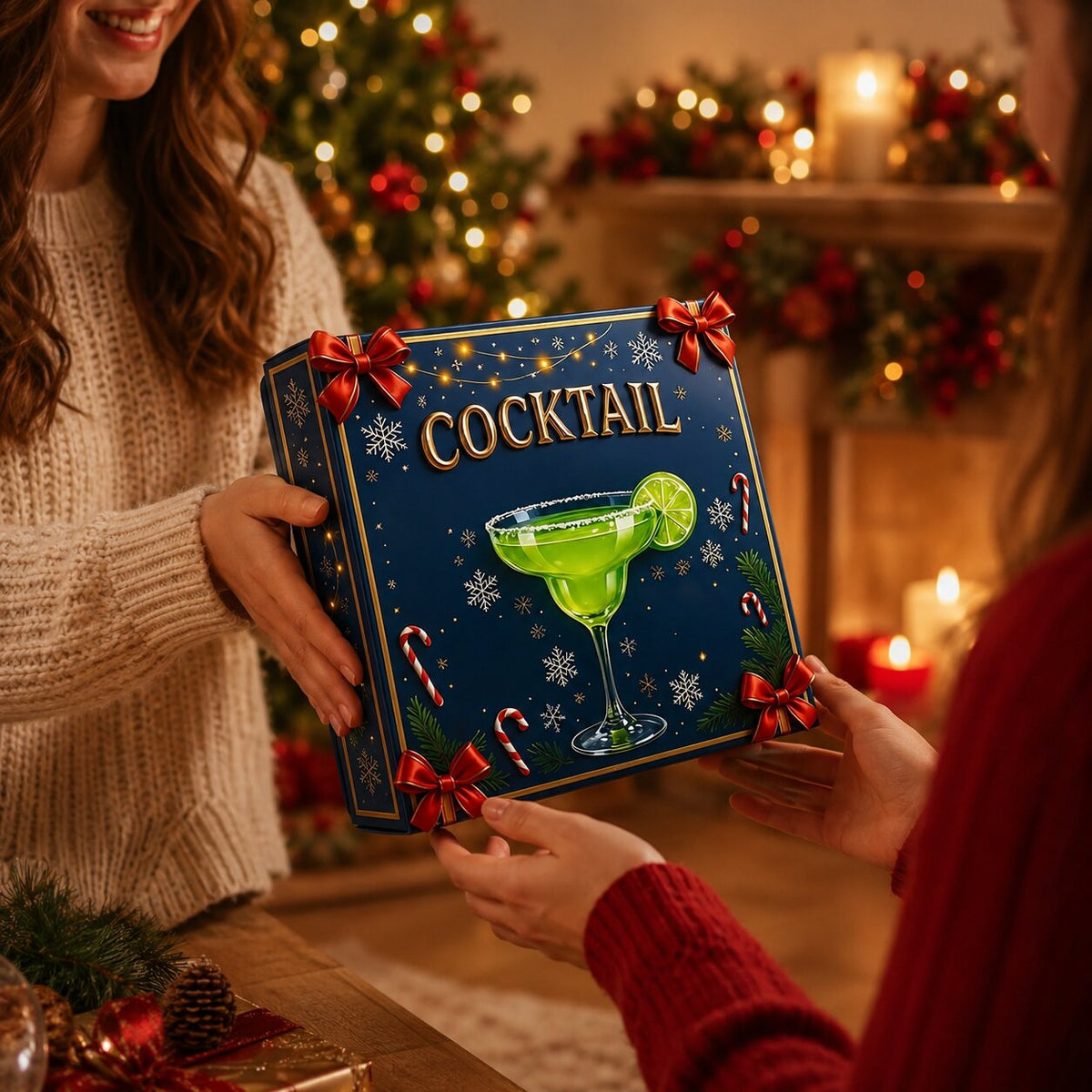 Zwei Personen reichen die festlich verzierte dunkelblaue Box vor einem geschmückten Weihnachtsbaum weiter 2