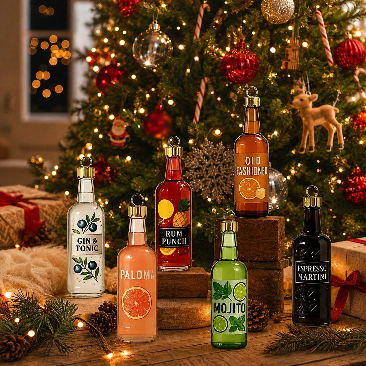 Sechs Mini-Flaschen-Ornamente verschiedener Farben stehen auf Holzklötzen vor einem leuchtenden Weihnachtsbaum 4