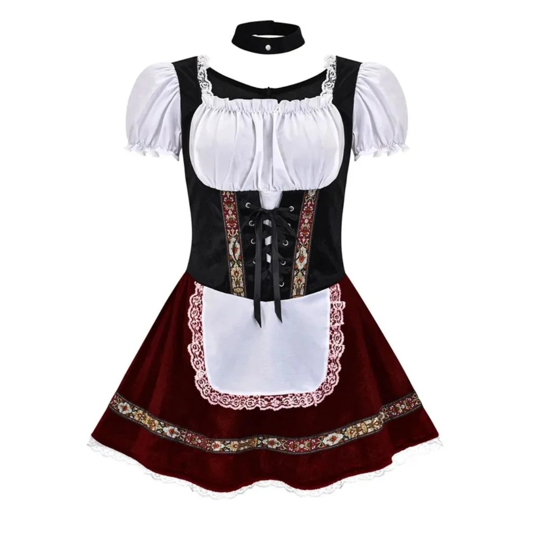 Kurzes Dirndl in Schwarz und Weinrot mit weißer Spitzenschürze und schwarzem Halsband 6