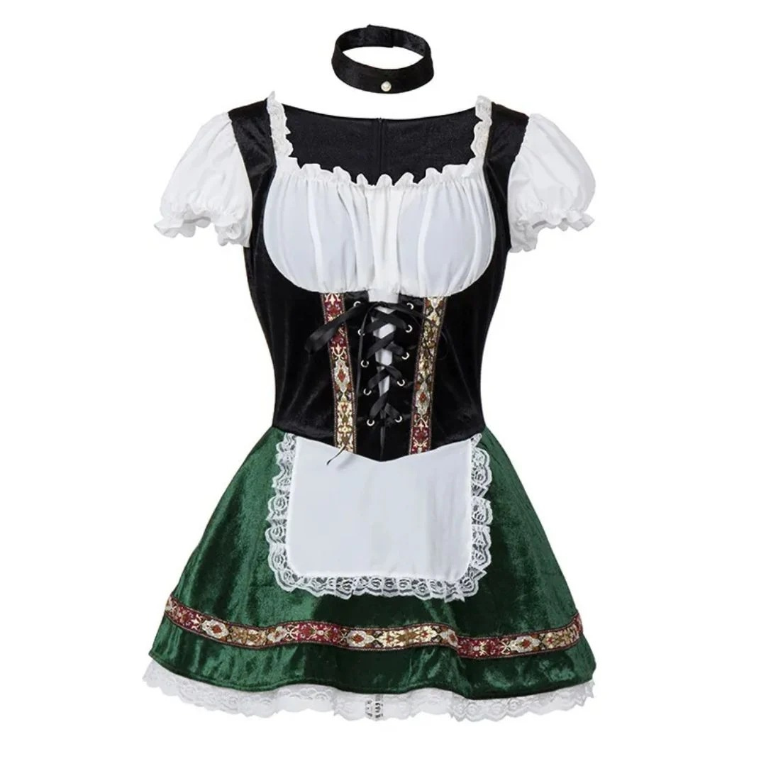 Dirndl mit schwarzem Mieder, dunkelgrünem Samtrock, weißer Spitzenschürze und schwarzem Halsband 7