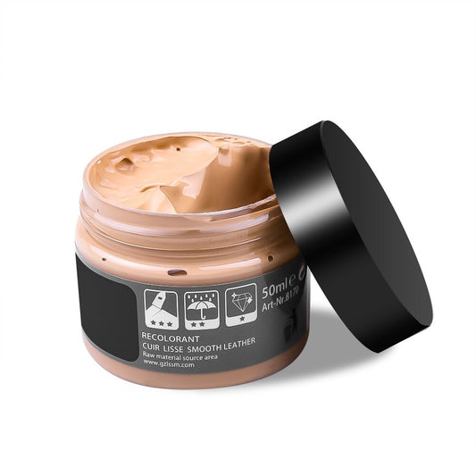 Cremefarbene Lederfarbe im 50ml-Behälter, ideal für glattes Leder, mit schwarzem Deckel.