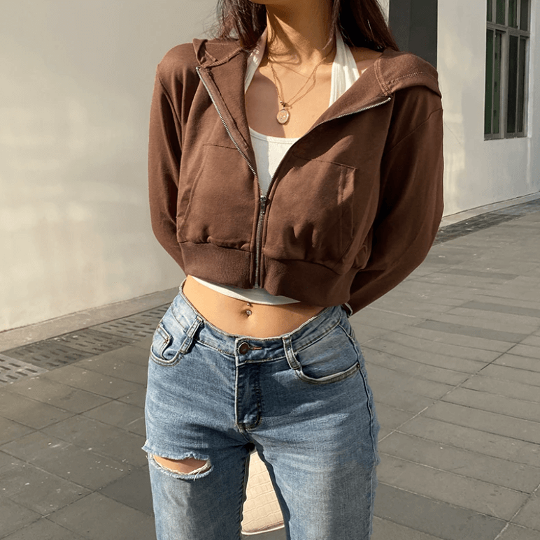 Herbstliche Trendige Figurbetonte Damen Cropped Zip-Up Hoodie mit Kapuze – Alina