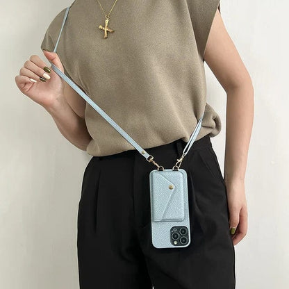 Damen Crossbody Handyhülle mit Kordel, hellblau, für iPhone, modisch, praktisch, freihändig.