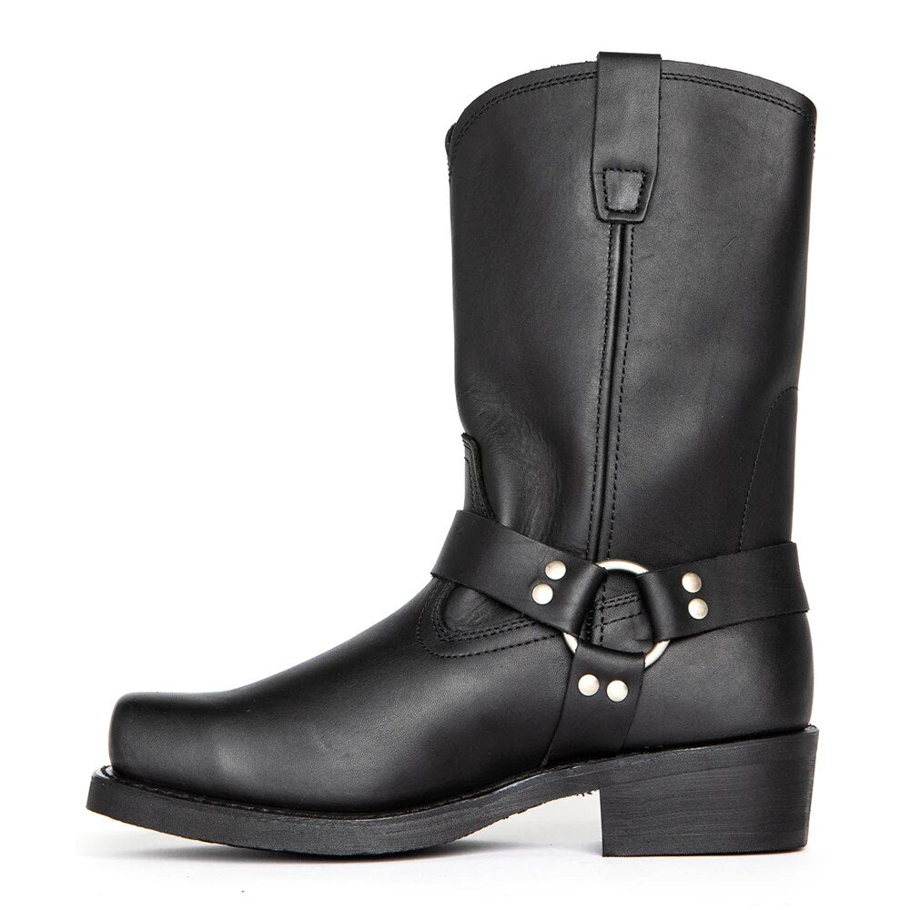 Schwarze Vintage-Cowboy-Stiefel für Herren, Leder, hohe Kette, Schnalle, quadratischer Absatz.