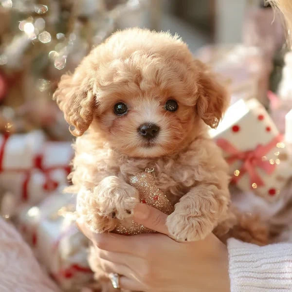 Aprikosenfarbener, lockiger Plüschwelpe wird von zwei Händen gehalten und hält eine glitzernde Christbaumkugel vor weihnachtlich dekorierten Geschenken. 1