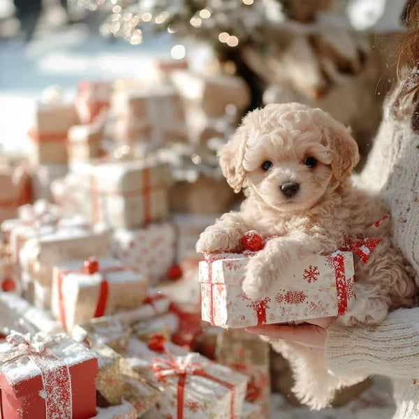 Cremefarbener Plüschwelpe im Arm einer Person im Strickpullover, die Pfoten auf einem Weihnachtsgeschenk, umgeben von vielen verpackten Päckchen. 2