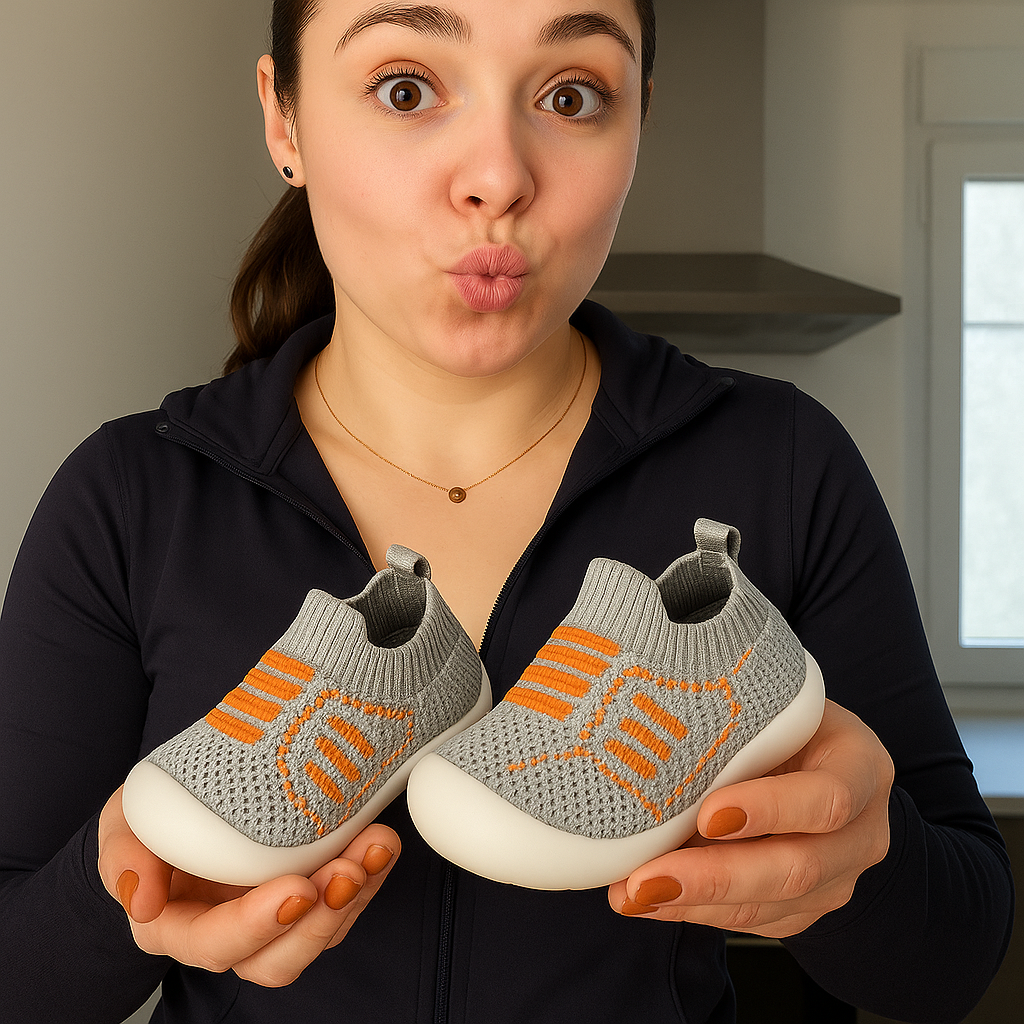 Graue Babyschuhe aus Netzstrick mit orangen Streifen und weißer Gummisohle, detail