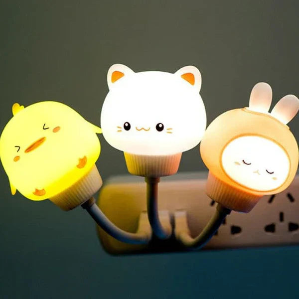 Drei LED-Nachtlichter in Tierform: Katze, Küken, Hase, warmweißes Licht, Kinderzimmer-Dekor.