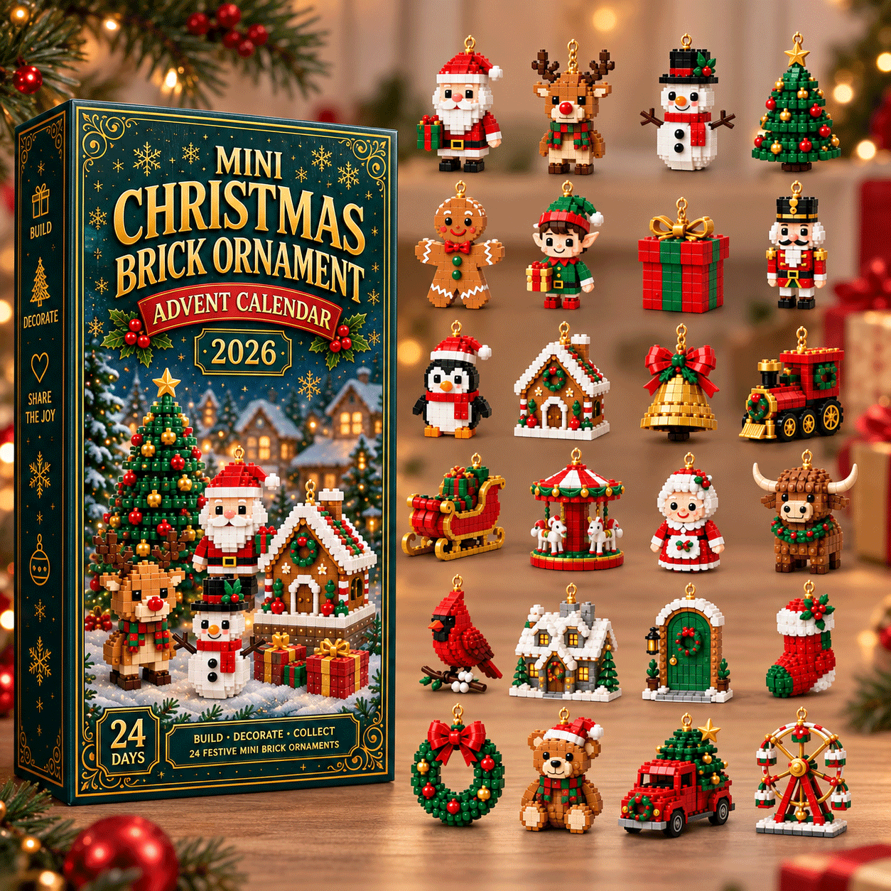 Alle 24 fertig gebauten Weihnachtsfiguren als Raster neben der aufrecht stehenden Adventskalender-Schachtel vor weihnachtlichem Hintergrund. 6