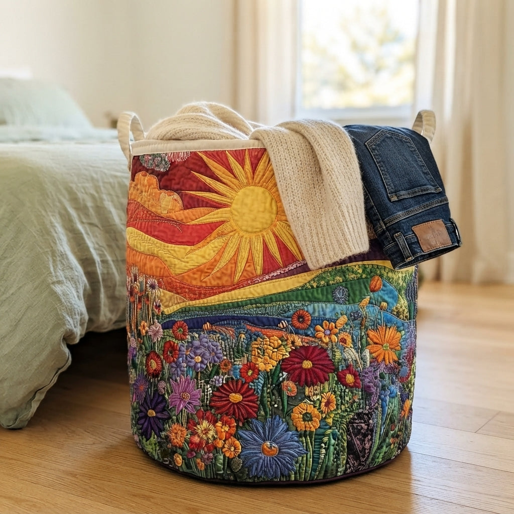 Stoff-Wäschekorb mit Henkeln als Detail neben einem Bett, gefüllt mit Kleidung