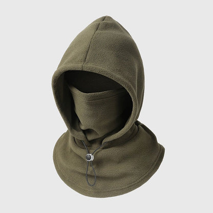 Olivgrüne Fleece-Kapuze mit Gesichtsschutz und Kordelzug am Halsausschnitt, Einzelansicht auf hellem Hintergrund 8