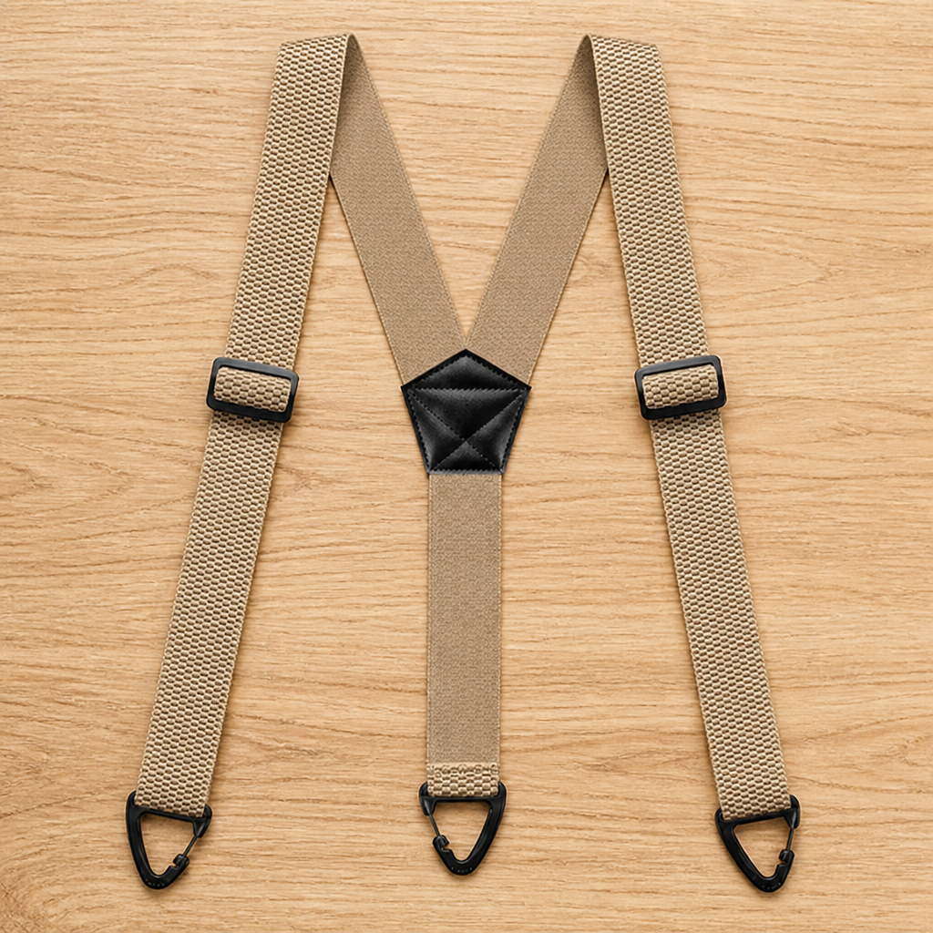 Beige Y-Hosenträger mit schwarzem Lederkreuz, zwei Verstellschnallen und drei schwarzen Clips, flach auf Holz. 15