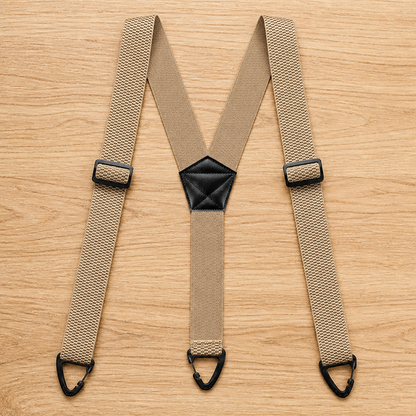 Beige Y-Hosenträger mit schwarzem Lederkreuz, zwei Verstellschnallen und drei schwarzen Clips, flach auf Holz. 15