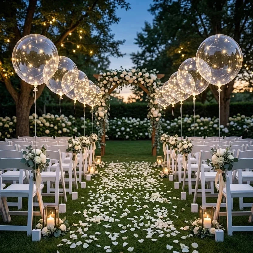 Leuchtende Ballons säumen den Gang einer Gartenhochzeit mit Blumenbogen und weißen Rosenblättern 6