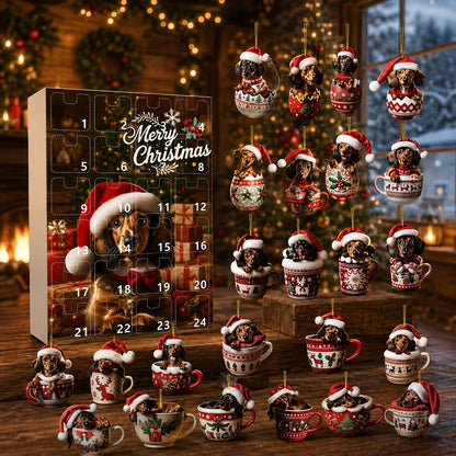 Adventskalender-Box mit Dackel-Motiv und die Dackel-Anhänger in Tassen und Eierschalen, auf Holz arrangiert vor Weihnachtsbaum und verschneitem Fenster. 7