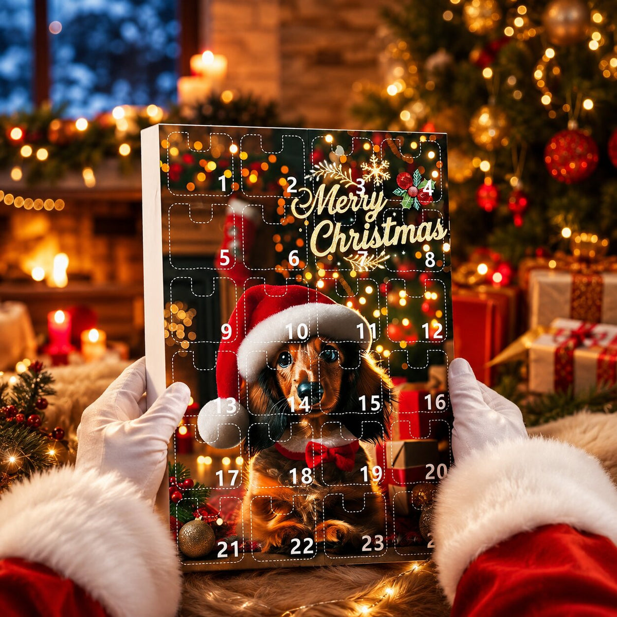 Weiß behandschuhte Hände im Weihnachtsmann-Kostüm halten die Adventskalender-Box mit Dackel-Motiv vor Kamin, Lichterketten und Geschenken. 5