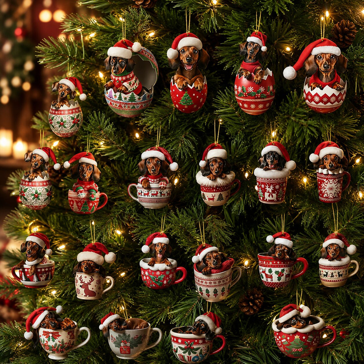 Alle Dackel-Anhänger in Tassen und Eierschalen mit Weihnachtsmützen hängen an goldenen Fäden in einem festlich beleuchteten Tannenbaum. 6