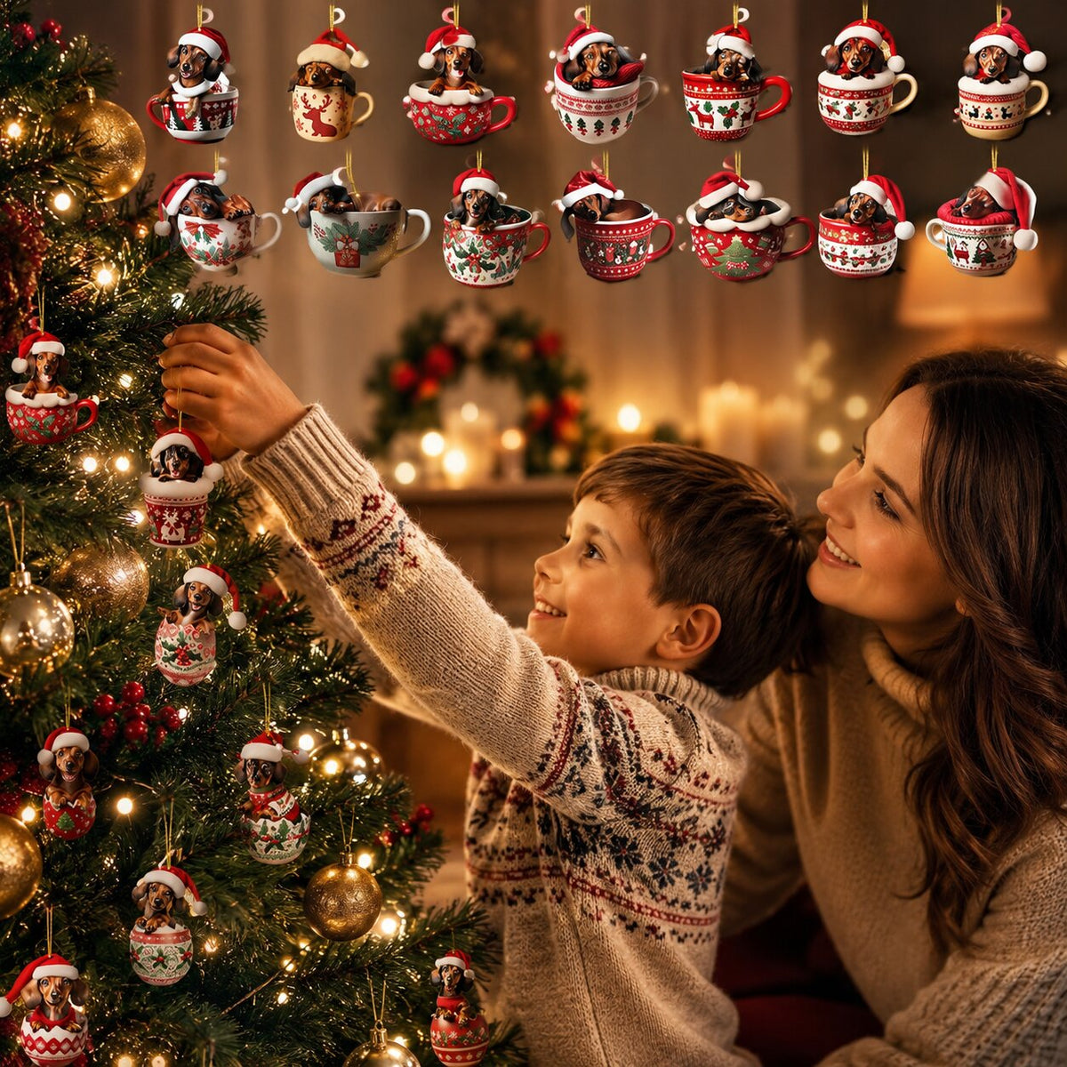 Mutter und Sohn hängen Dackel-Anhänger in Tassenform an den Weihnachtsbaum, oben sind zwölf Anhänger in Tassen aufgereiht. 2